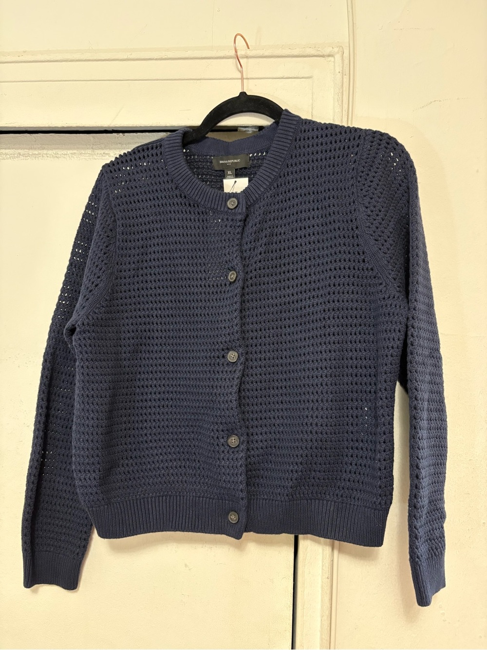Banana Republic Navy Open-Knit Button Cropped Cardigan Sweater